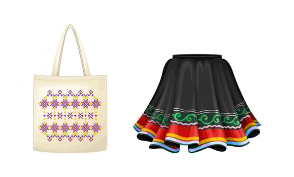 Peru country related symbols set. National clothing and bag with traditional ornament cartoon illustration vector