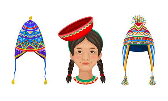 Peru country related symbols set. Headwear with traditional ornament cartoon illustration vector