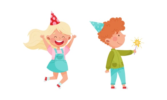 Joyful kids celebrating birthday set. Cute little children wearing party hats having fun at party cartoon illustration vector