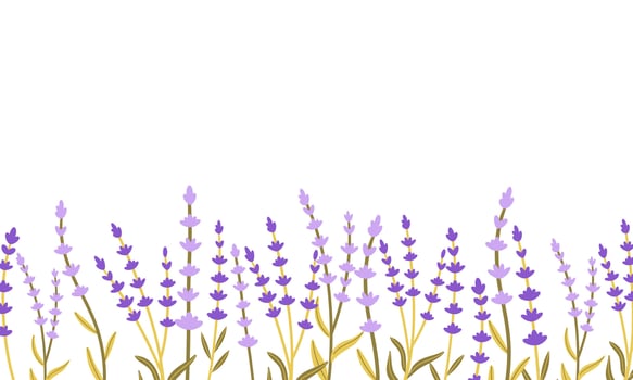 Frame of fresh flowers of purple lavender on white background. Hand drawn flat illustration . Perfect for decorative greeting or invitation card vector
