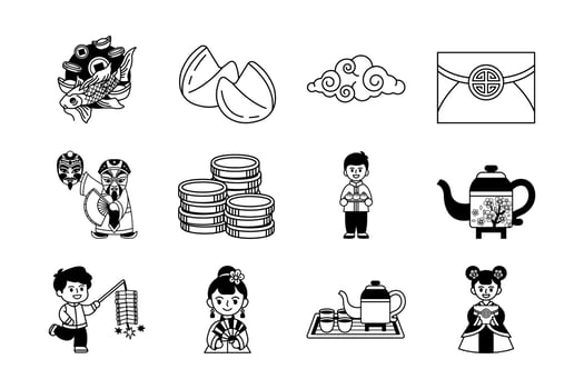 black and white illustration of chinese culture items collection vector