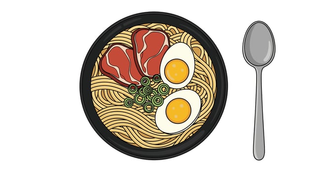 Delightful Bowl Of Ramen Noodles Delicious Pork Eggs and Garnished Seaweed With Spoon vector