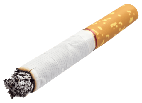 Close up studio shot of a partially smoked cigarette with ash isolated transparent background png