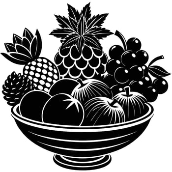 Monochrome Fruit Bowl Still Life Pineapple Grapes Apples and Pinecone vector