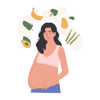 Healthy diet for pregnant woman with fresh fruits and vegetables. Nutrition and wellness during pregnancy. Flat style illustration isolated on white background. vector
