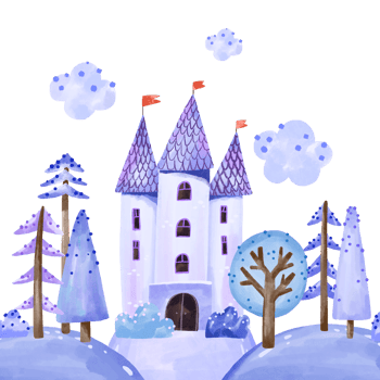 Winter fairy landscape with old castle on hill , and magic forest. Winter poster, card, banner. Nursery decor. Winter wallart png