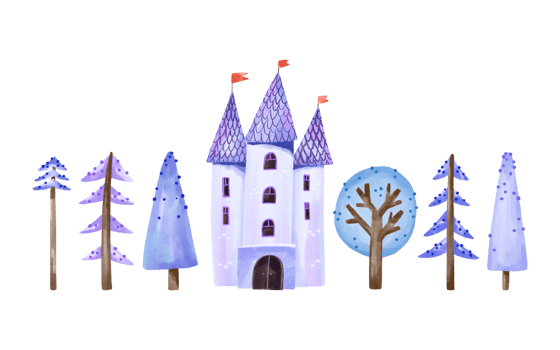Old watercolor Castle and fairy trees clipart. Nature landscape collection png