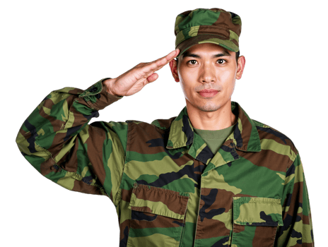 Asian male soldier in uniform saluting. Transparent background. png