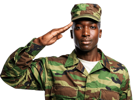 African male soldier. Black man in uniform saluting. Transparent background. png