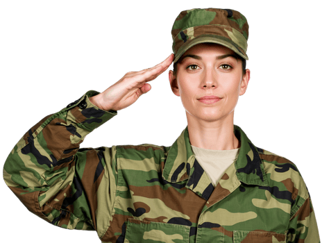Female soldier in uniform saluting. Transparent background. png