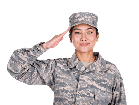 Asian female soldier in uniform saluting. Transparent background. png