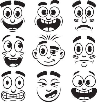 Nine Monochrome Cartoon Faces Displaying Diverse Expressions Silhouette Style Illustrations of Happy Surprised Anxious and Other Emotions vector