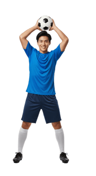 A young man holding a soccer ball on his head png