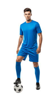 Soccer player in blue uniform standing on ball png