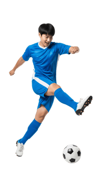 A young man in blue soccer uniform kicking a soccer ball png