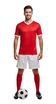 Soccer player in red uniform standing next to a soccer ball png