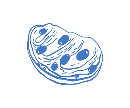 Hand-drawn sandwich with olives and herbs, elegant Mediterranean aesthetic, delicate sketch in blue lines, traditional light meal, healthy eating concept vector