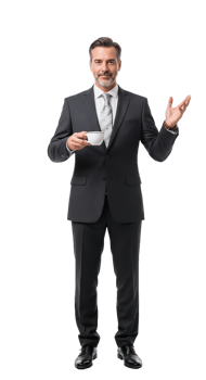 A man in a suit holding a cup of coffee png