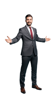 A man in a suit and tie standing with his arms out png