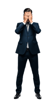 A man in a suit covering his face with his hands png