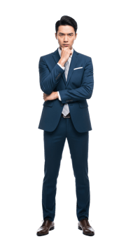 A man in a suit standing with his hands on his chin png