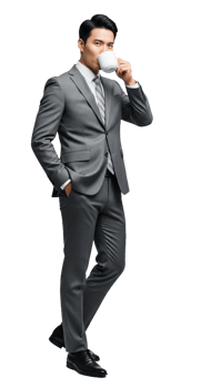 A man in a suit holding a coffee cup png