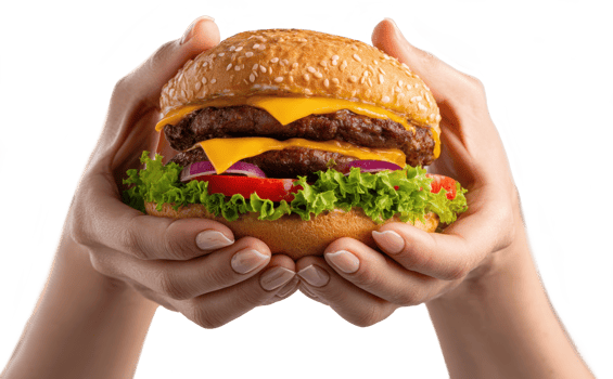 Woman's hands holding a double cheeseburger with lettuce tomato and onion png