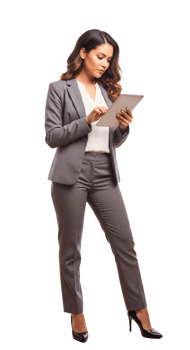 Business woman in suit holding tablet png