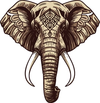 Elephant head with tribal patterns detailed illustration in brown shades natural design vector