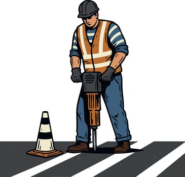 Construction worker using jackhammer on road with safety cone illustration vector