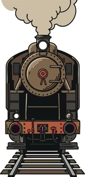 Vintage steam locomotive train front view with smoke and railway tracks illustration vector