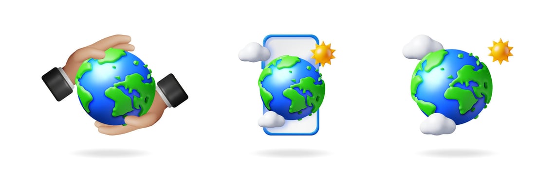 3d cartoon set of globe icons. Male hand holding earth and smartphone with planet. Global environment and weather for application. vector