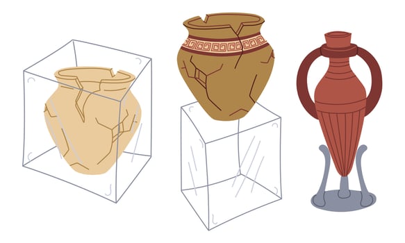 Antique wine jug on stand, Greek-style jug on glass cube, jug under glass museum exhibits. Archaeological find. Flat color illustration. scientific projects, encyclopedias, museum exhibitions, history vector