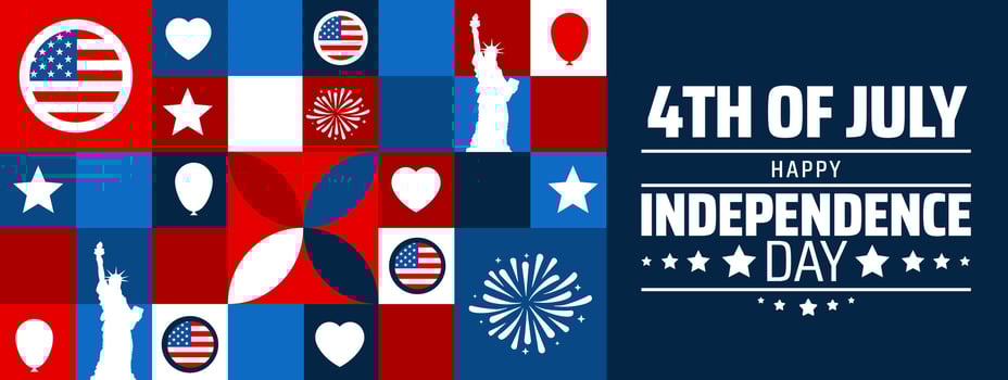 4th of July Happy Independence Day background or banner design. Patriotic Collage of US Flag, Hearts, Stars, Fireworks, and Statue of Liberty Icons in Red, White, Blue vector