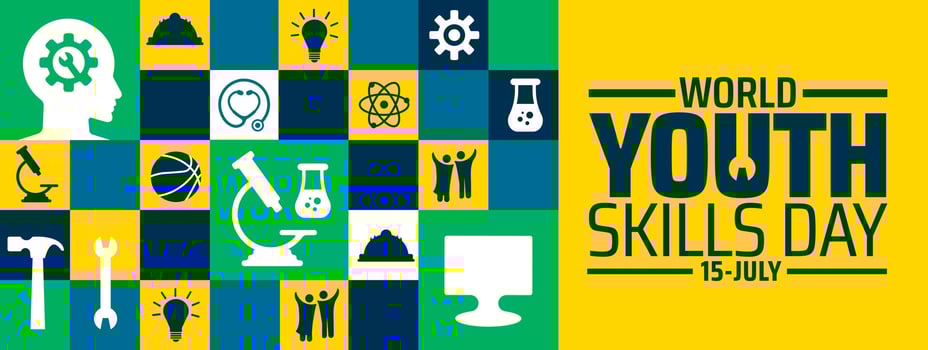 World Youth Skills Day background or banner design. Colorful Grid with Diverse Icons Science, Sports, Tools, Tech, Human Figures on Green, Yellow, and Blue Background vector