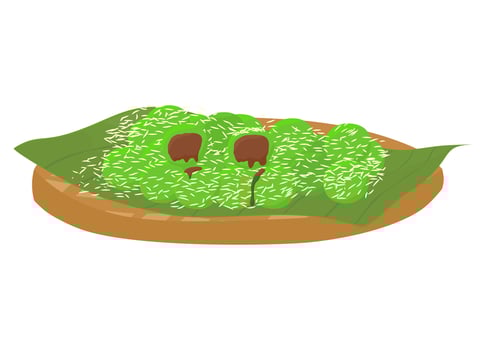 Kue klepon, bitten klepon cake icon clip art, indonesian traditional sweet cake dessert on banana leaves, homemade local snack food indonesia vector