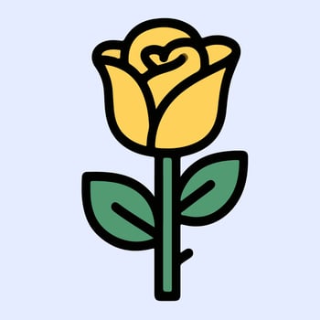 Stylized Yellow Rose with Green Leaves and Black Outlines on a Stem. vector