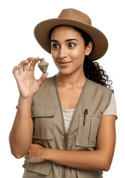 A woman in a hat and vest holding a rock png