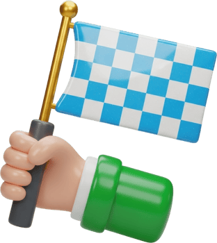 Stylized 3d hand waving a blue and white checkered flag, representing achievement png