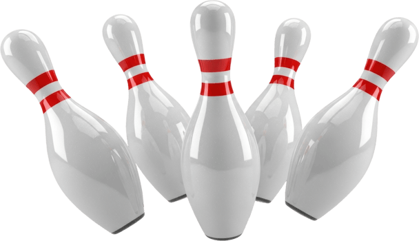 Five glossy white bowling pins with red stripes, ready for a perfect strike png