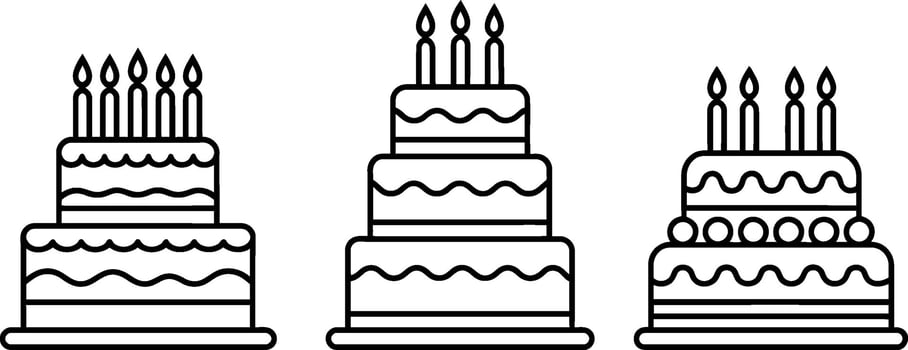 Three birthday cakes with candles line art celebration confectionery design vector