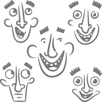 Five Gray Cartoon Faces with Varying Expressions Silhouette Style Simple Line Art Drawings Set vector