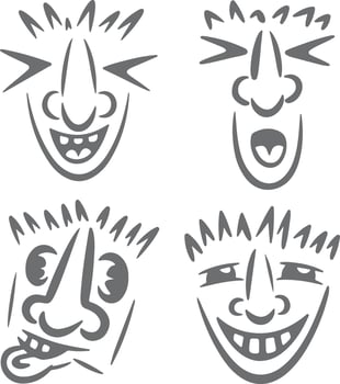 Four Gray Silhouette Cartoon Faces Displaying Diverse Expressions Joyful Laughter Playful Grin and Mischievous Smirk Hand Drawn Style Quirky vector