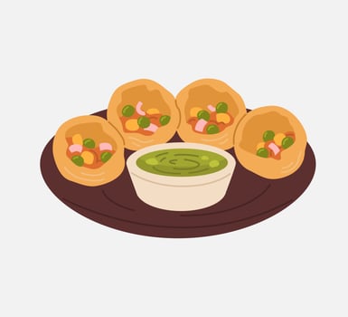 Indian Pani Puri with Green Chutney on Plate vector
