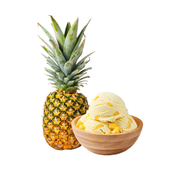 Pineapple ice cream in a wooden bowl next to a whole pineapple fruit isolated on a transparent background png
