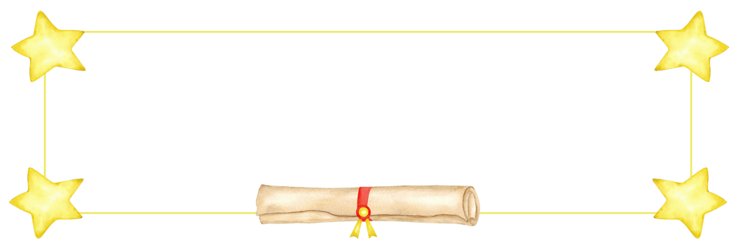 Horizontal banner with scroll and stars for festive celebrations, graduation. Frame for educational design. Invitation, poster, card. Isolated illustration. Template for education concept. Copy space png