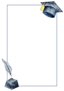 Elegant graduation frame with inkwell, feather, cap for academic celebrations. End of course. Template for certificate, diploma, invitation, card. Education concept. For university, institute, school png