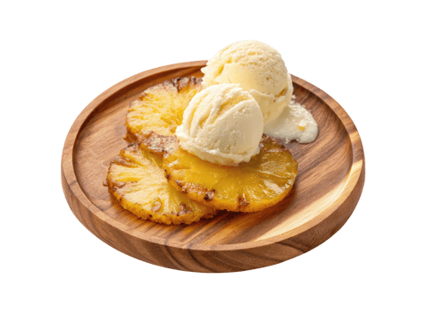 Caramelized pineapple with vanilla ice cream on a wooden plate isolated on a transparent background png
