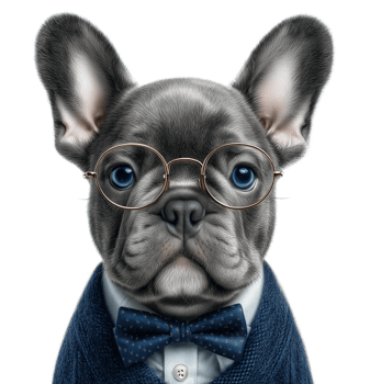 French bulldog frenchie in glasses and bow tie image isolated transparent. Blue eyed frenchy doggy in eyeglasses bowtie cut out . Quirky pet gentleman dog cutout photography png