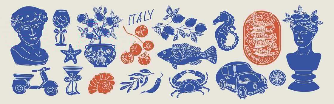 Italy summer vacation elements set. Hand drawn vintage doodle drawing. Statues, wine, flowers in a vase, wine glass. Sea weekend or rest collection for invitations to beach party, picnic, wedding. vector